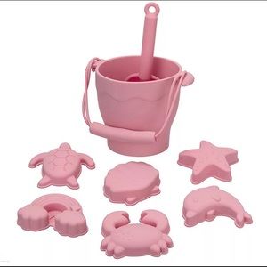 Pink Silicone Sand Toys Beach Bucket Shovel 6 Molds Kids Summer BPA Free NEW